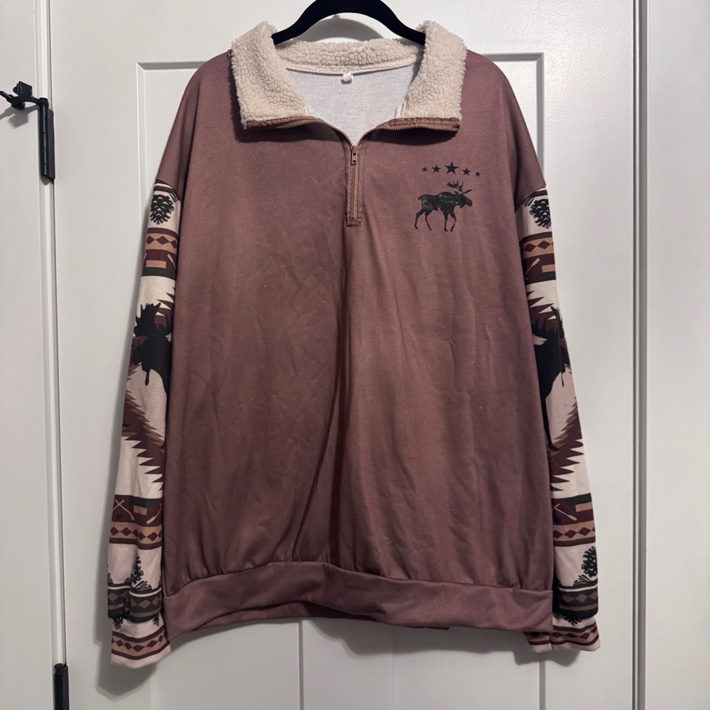 Men's Moose Pattern Quarter Zip Sweater - Brown 3XL NWOT